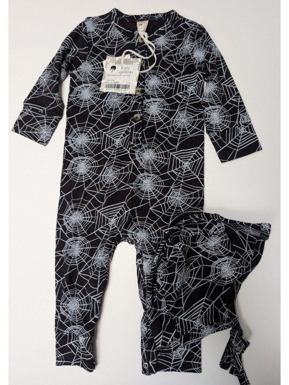 Kate Quinn Bamboo Spooky Halloween Jumpsuit Spiderwebs 6-12 & Bill Hat